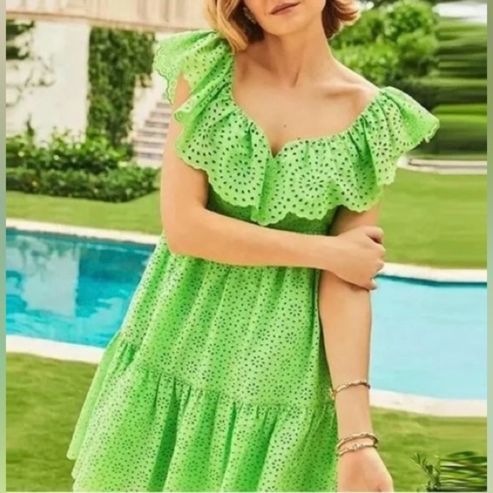 Lilly Pulitzer Asteria Eyelet Babydoll Dress in Cabana Green Daisy Dream